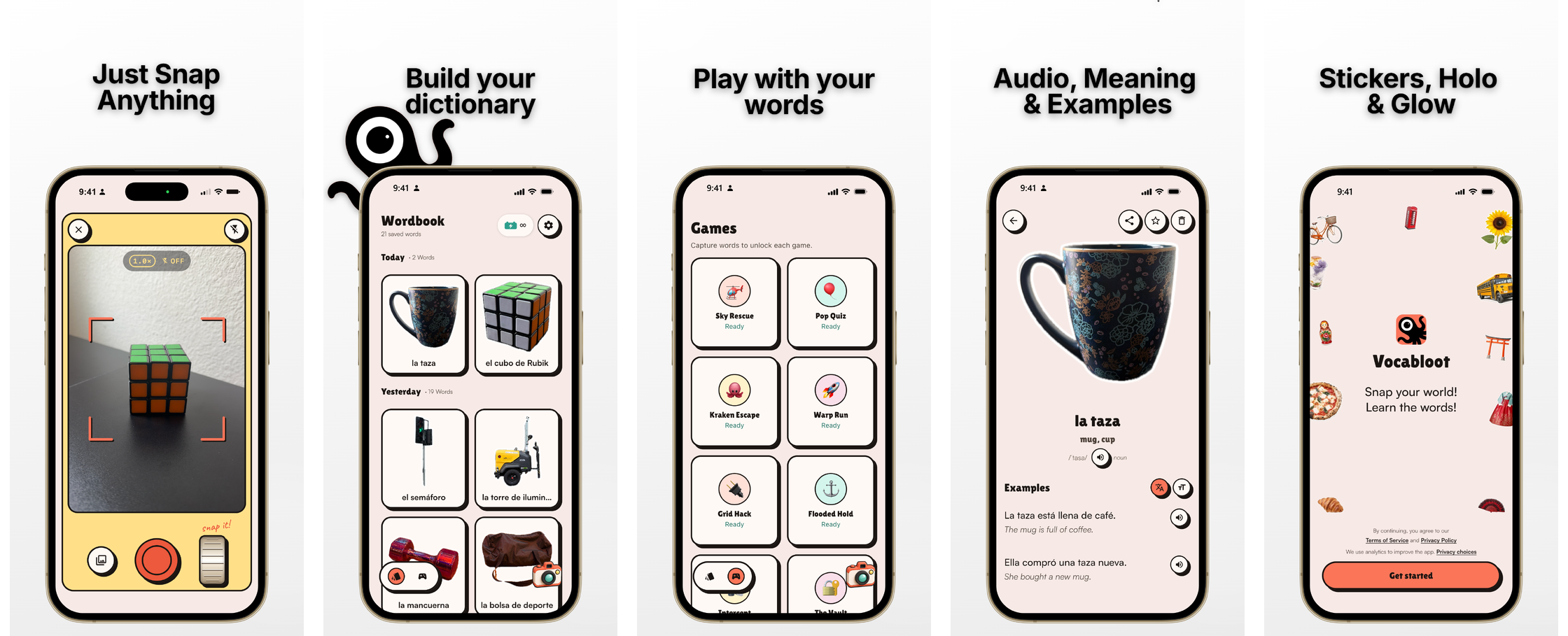 Vocabloot on iPhone: camera, wordbook, games, word detail with audio and examples, stickers