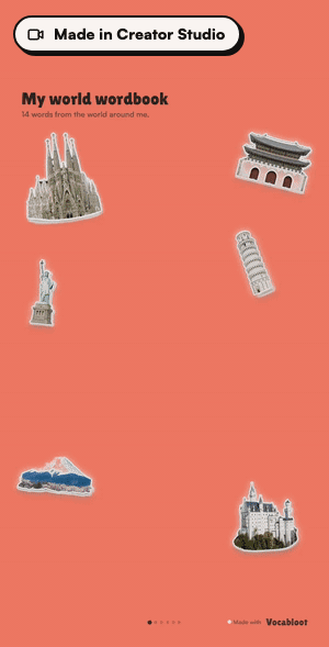A wordbook story made in Creator Studio: six landmark stickers with their words, then the Vocabloot end card