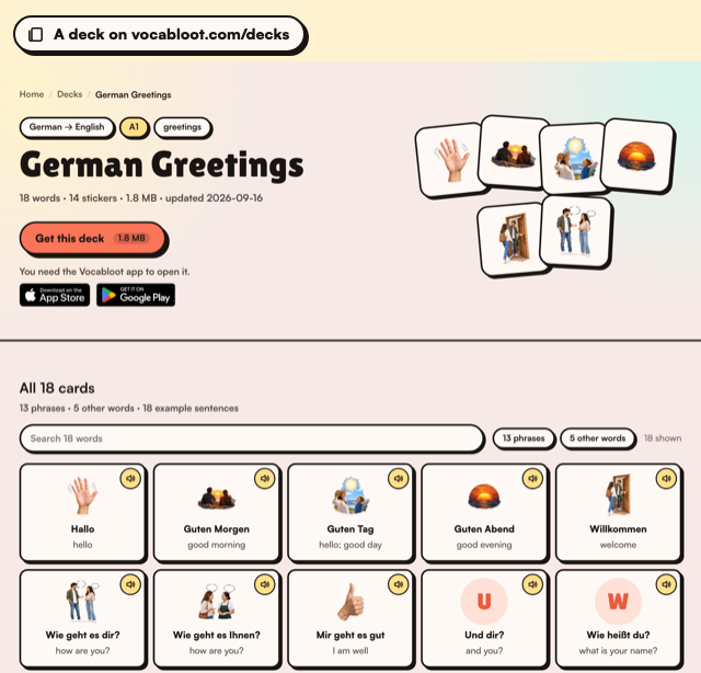 German Greetings on vocabloot.com/decks: 18 words, 14 stickers, every card with its sound