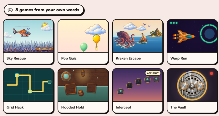 The eight games: Sky Rescue, Pop Quiz, Kraken Escape, Warp Run, Grid Hack, Flooded Hold, Intercept and The Vault