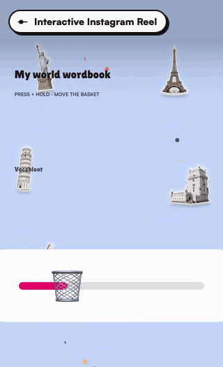 An interactive Instagram Reel made in Creator Studio: viewers drag Instagram's emoji slider to move the basket and catch each word, through easy, medium and hard rounds