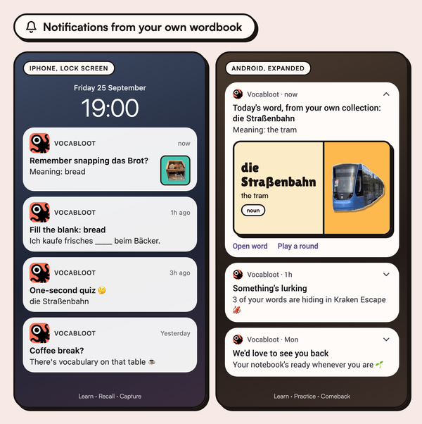 Vocabloot notifications from your own wordbook on an iPhone lock screen and on Android: a word with its meaning, a fill-the-blank sentence, a one-second quiz, a nudge to snap something, a game invitation and a comeback message