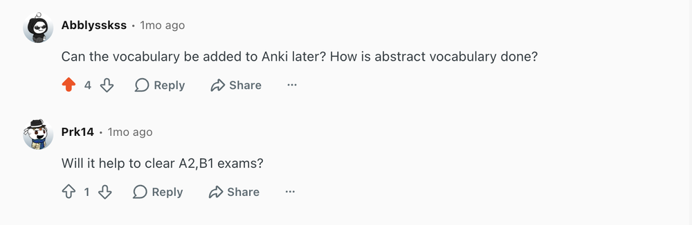 The Reddit replies: "Can the vocabulary be added to Anki later? How is abstract vocabulary done?" with 4 upvotes, and "Will it help to clear A2, B1 exams?"