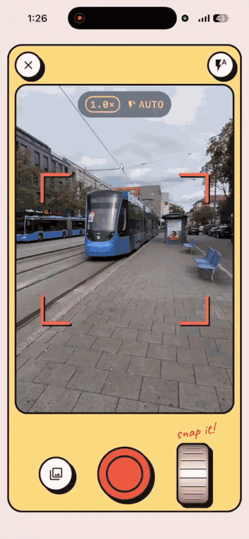 Snapping a tram in Munich: a line traces the tram's real outline, it is cut out of the photo, and the word writes itself in: die Straßenbahn