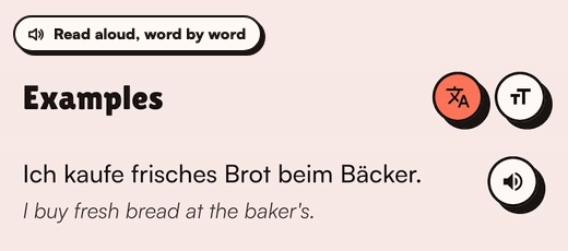 An example sentence read aloud, each word highlighted as it is spoken: Ich kaufe frisches Brot beim Bäcker