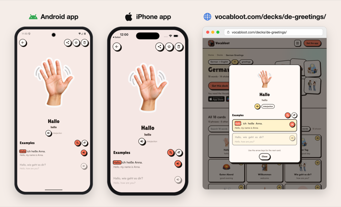 The same card on the Android app, the iPhone app and vocabloot.com, lit word by word from one copy of the Kotlin