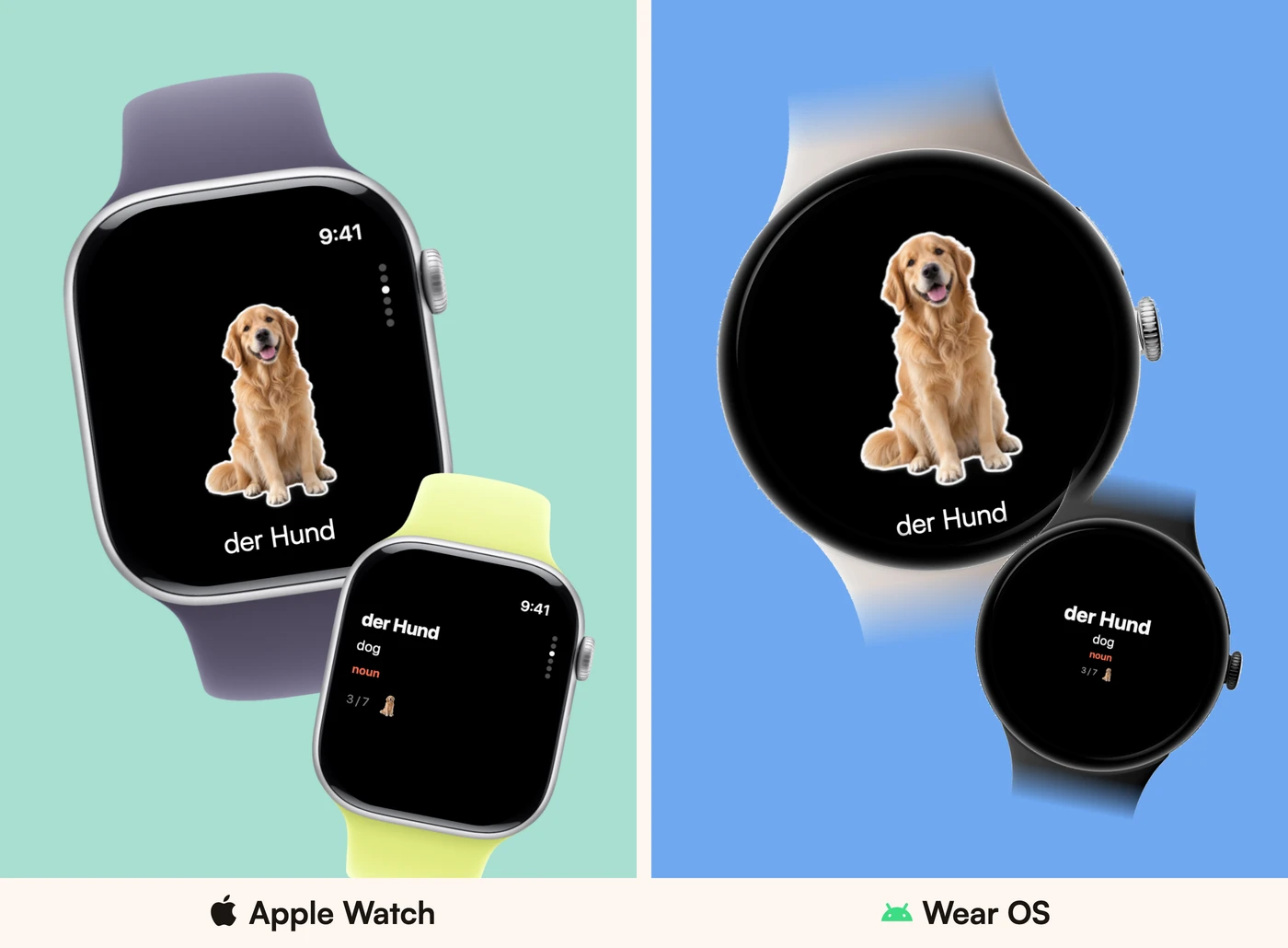 Your words on Apple Watch and Wear OS: der Hund's card, its sticker on swipe, and the same word with its part of speech, on both platforms