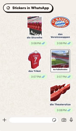 Vocabloot stickers sent in a WhatsApp chat: die Sitzreihe, das Vereinswappen, das Trikot, das Fußballstadion, die Theatersitze