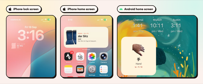 Vocabloot widgets on the iPhone lock screen, the iPhone home screen and the Android home screen