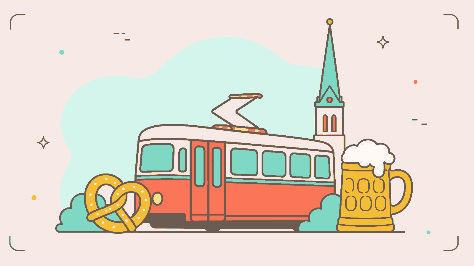 Flat illustration of a pretzel, a tram, a beer stein and a church spire as overlapping shapes.