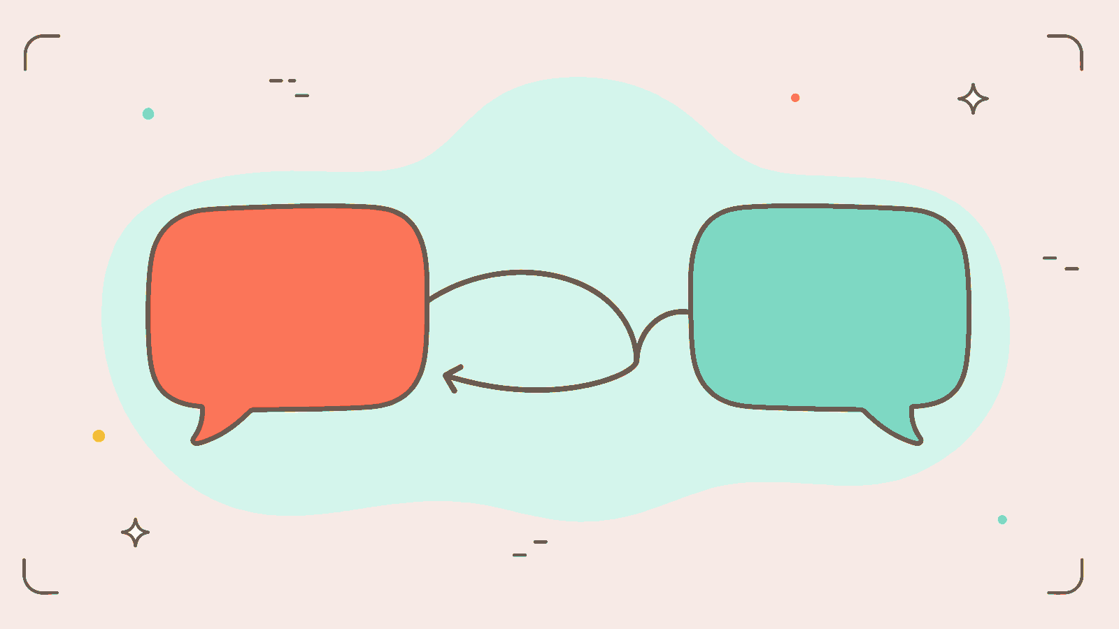 A coral speech bubble and a mint speech bubble facing each other, with an arrow curving back from the mint one.
