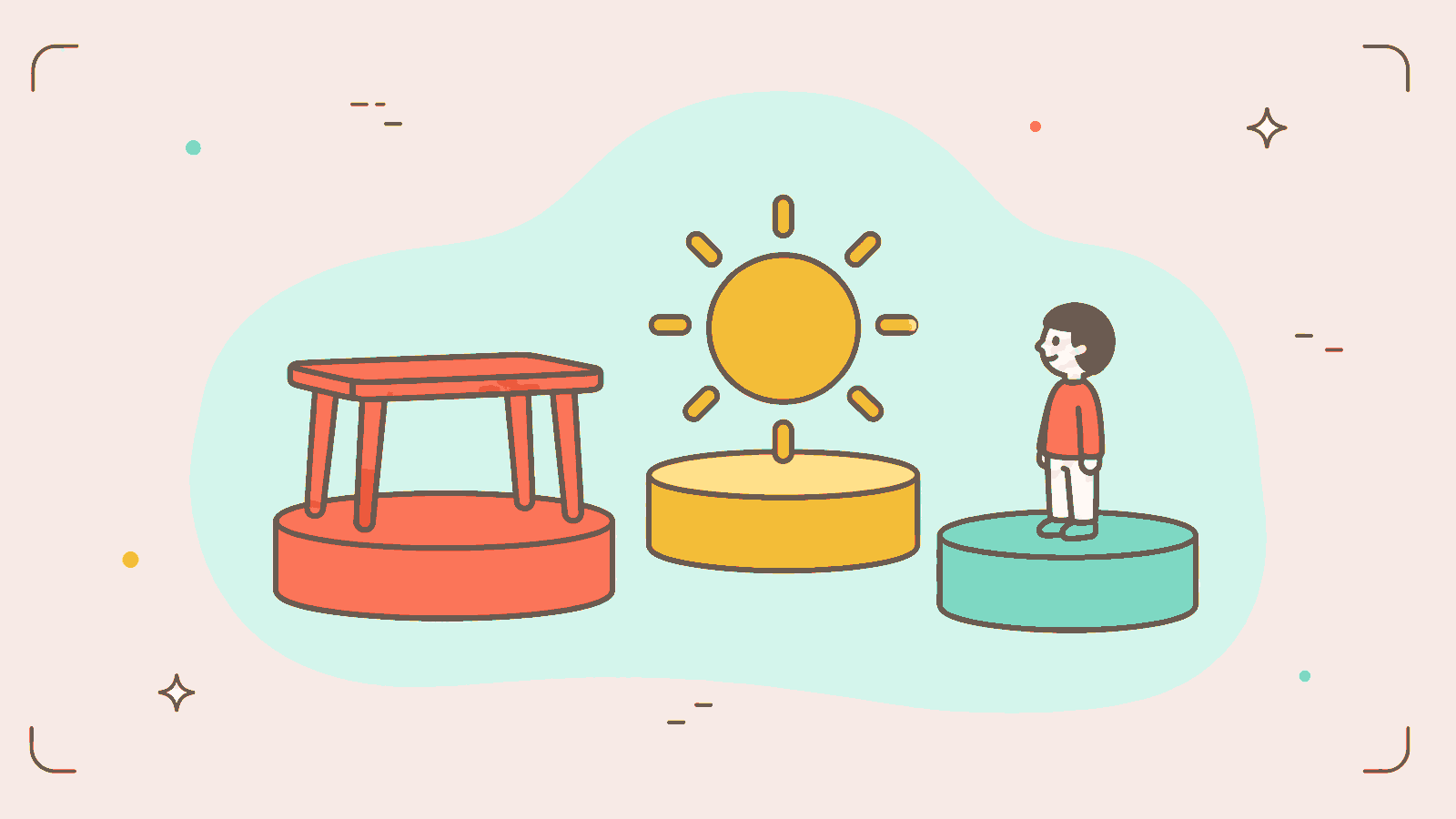 A table, a sun and a small child, each standing on its own coloured pedestal.