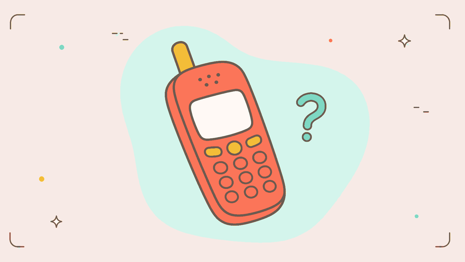 A flat-illustrated retro mobile phone at an angle with a small question mark beside it.