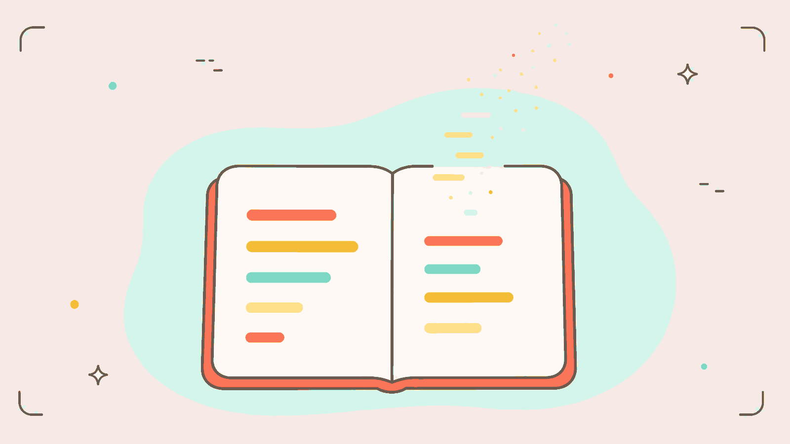 An open notebook with abstract word shapes drifting off the page and dissolving into dots.